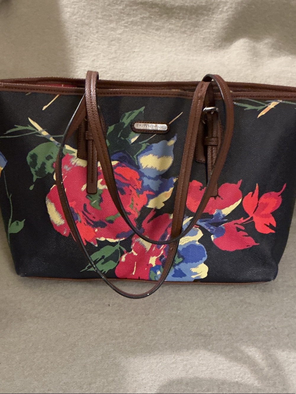 Dana Buchman Black Floral Tote with Brown Trim and Red Blue Accents